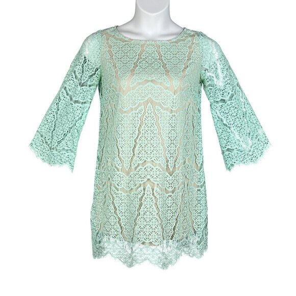 Maia Women 4 Kelly Green Dress Lace Overlay 3/4 Sleeve Nude Lining Scalloped Hem - Picture 1 of 16